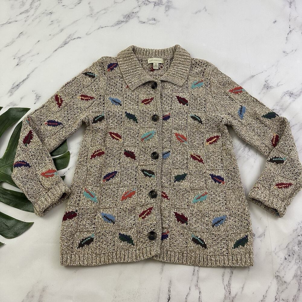 Appleseeds Womens Vintage Y2k Fall Leaves Cardigan Sweater Size M Brown Cozy